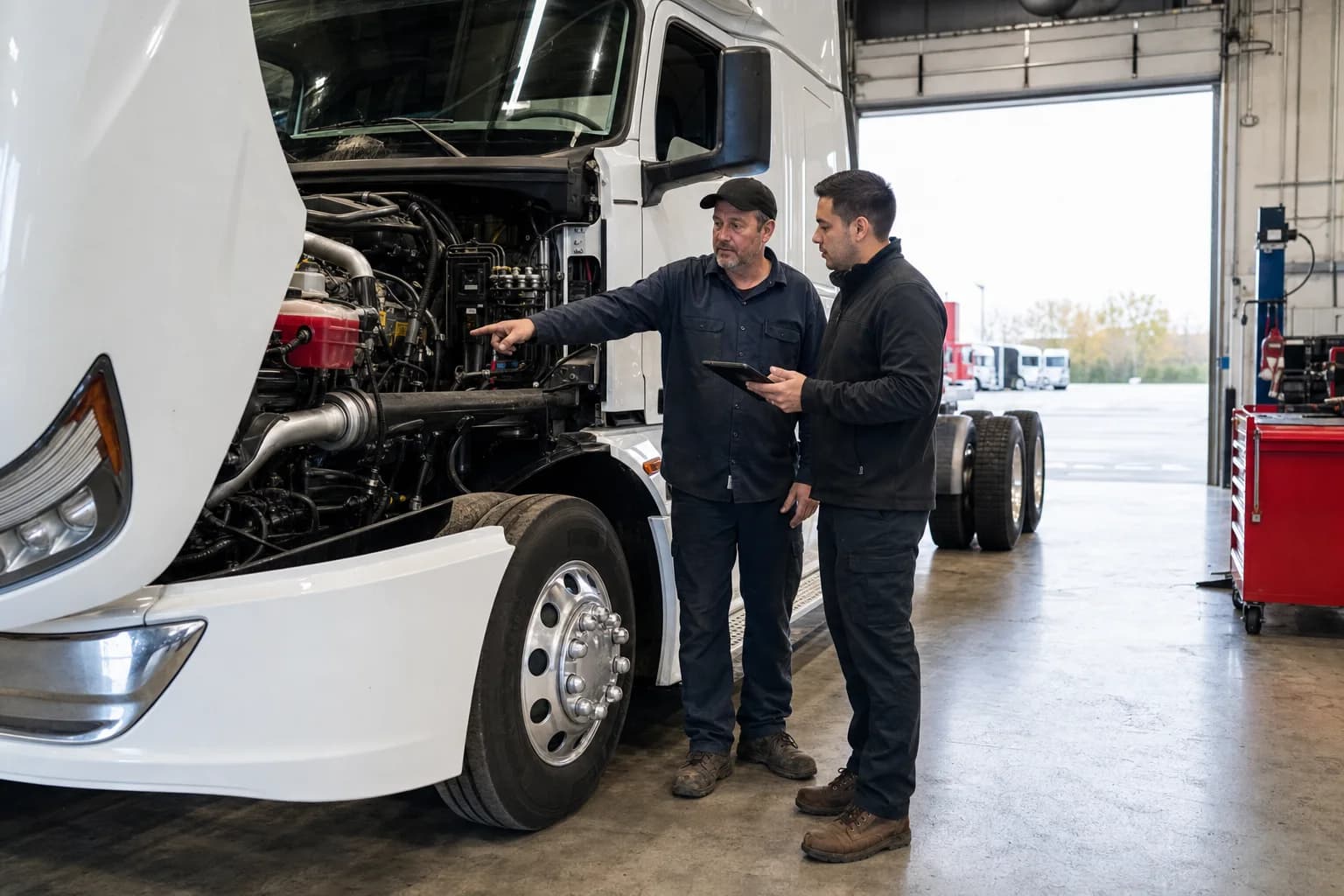 Jbc Transport Group Missouri technician and buyer inspecting a truck engine